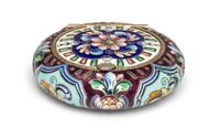 A Russian Enameled Gilt-Silver Pill Box, 6th Artel, Moscow, 1908-1926, of circular form with polychrome floral decoration.