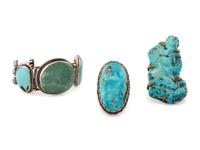 Navajo Silver and Turquoise Ring and Cuff Bracelet, PLUS Carved Brass and Turquoise Pendant