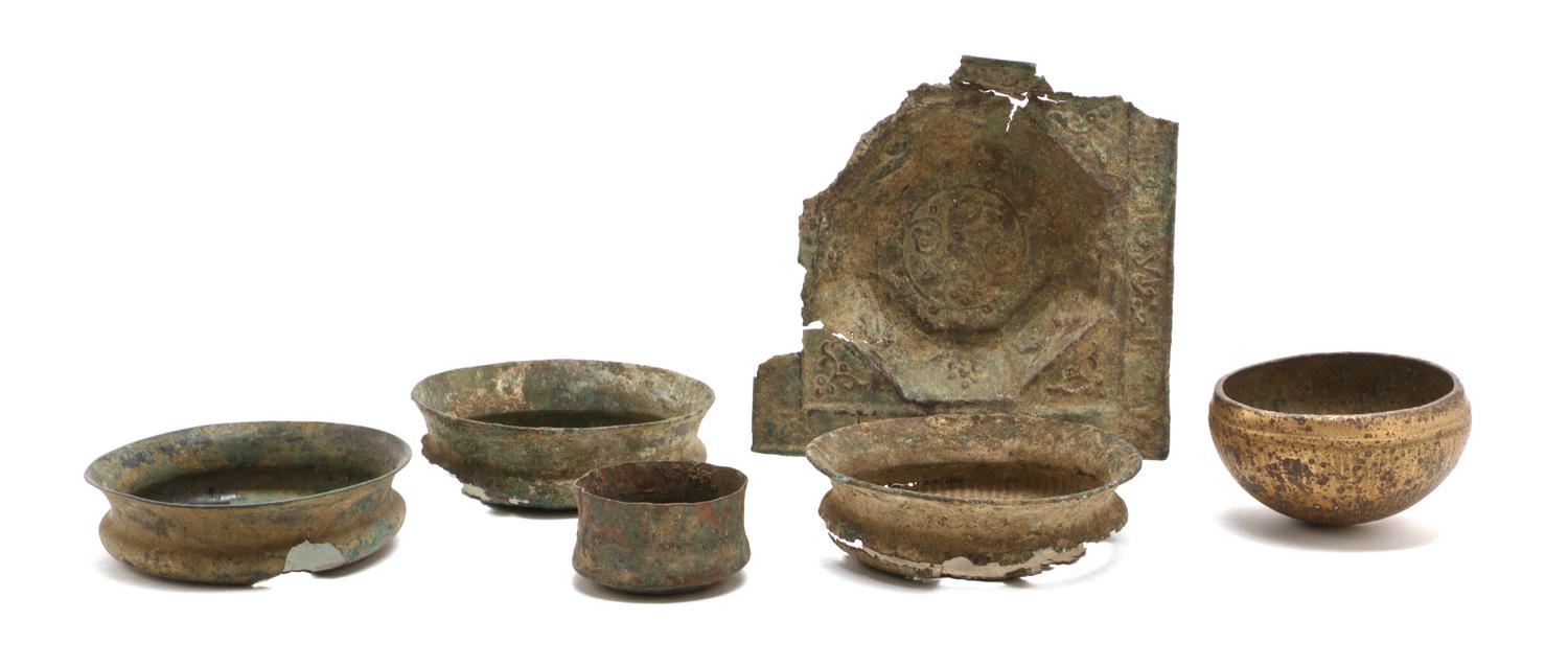 Six Middle Eastern Bronze Vessels, Diameter of first 5 1/2 inches.
