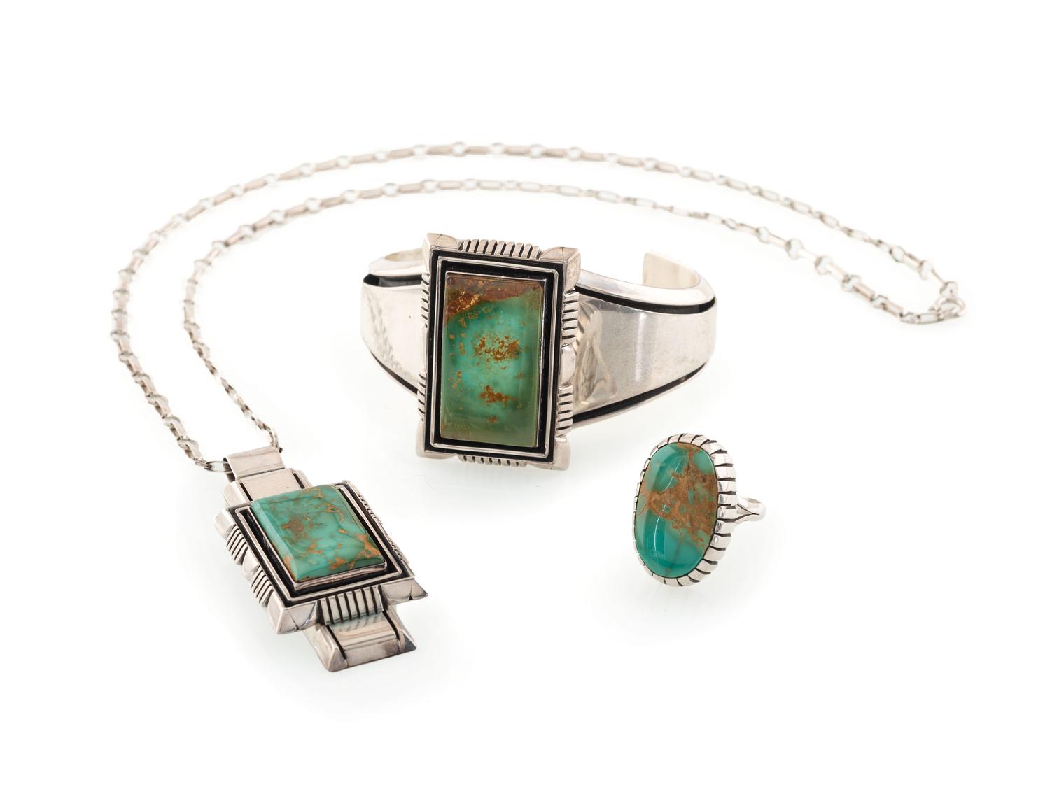 Silver and Royston Turquoise Necklace AND Cuff Bracelet Set, PLUS