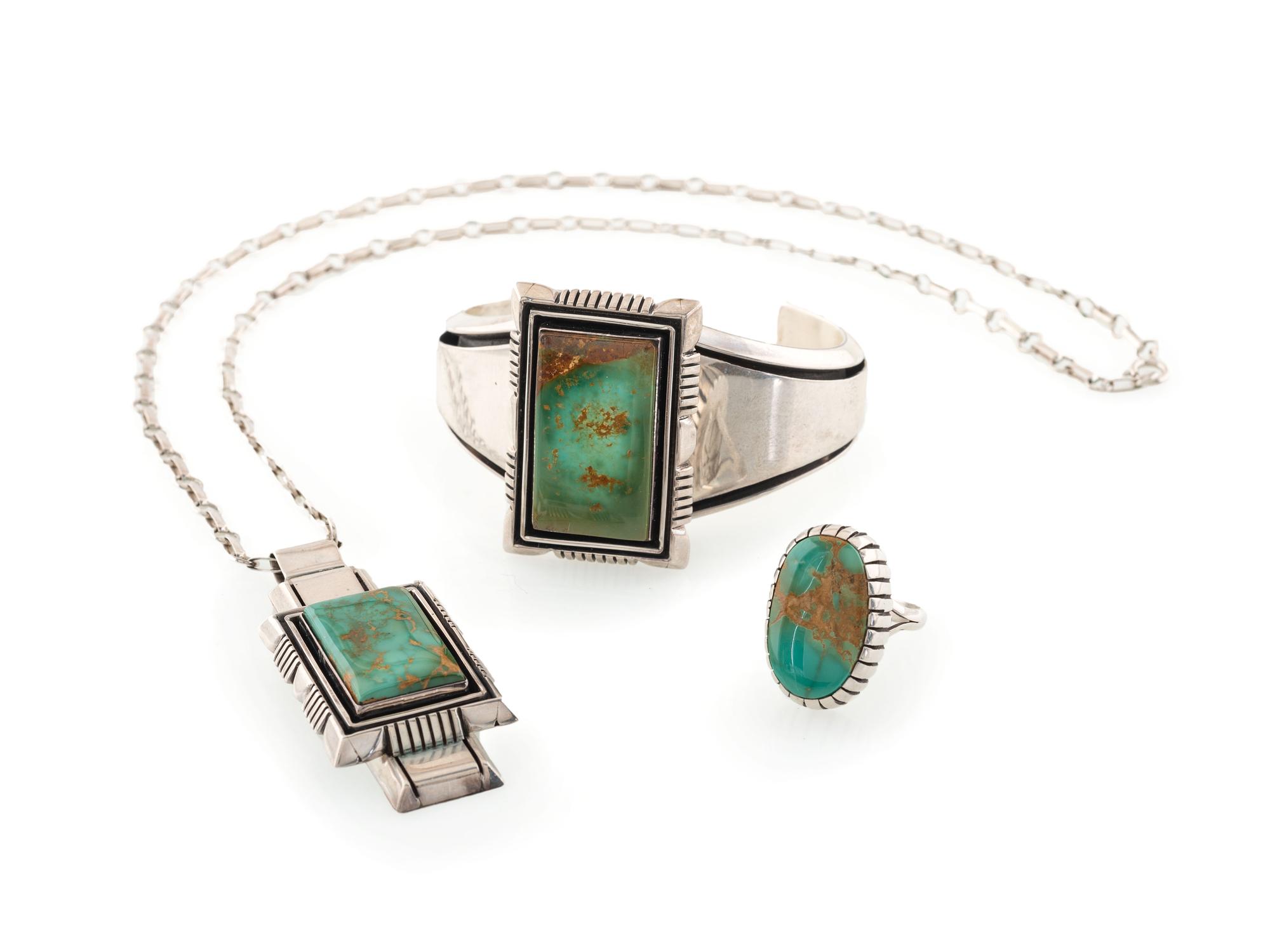 Silver and Royston Turquoise Necklace AND Cuff Bracelet Set, PLUS