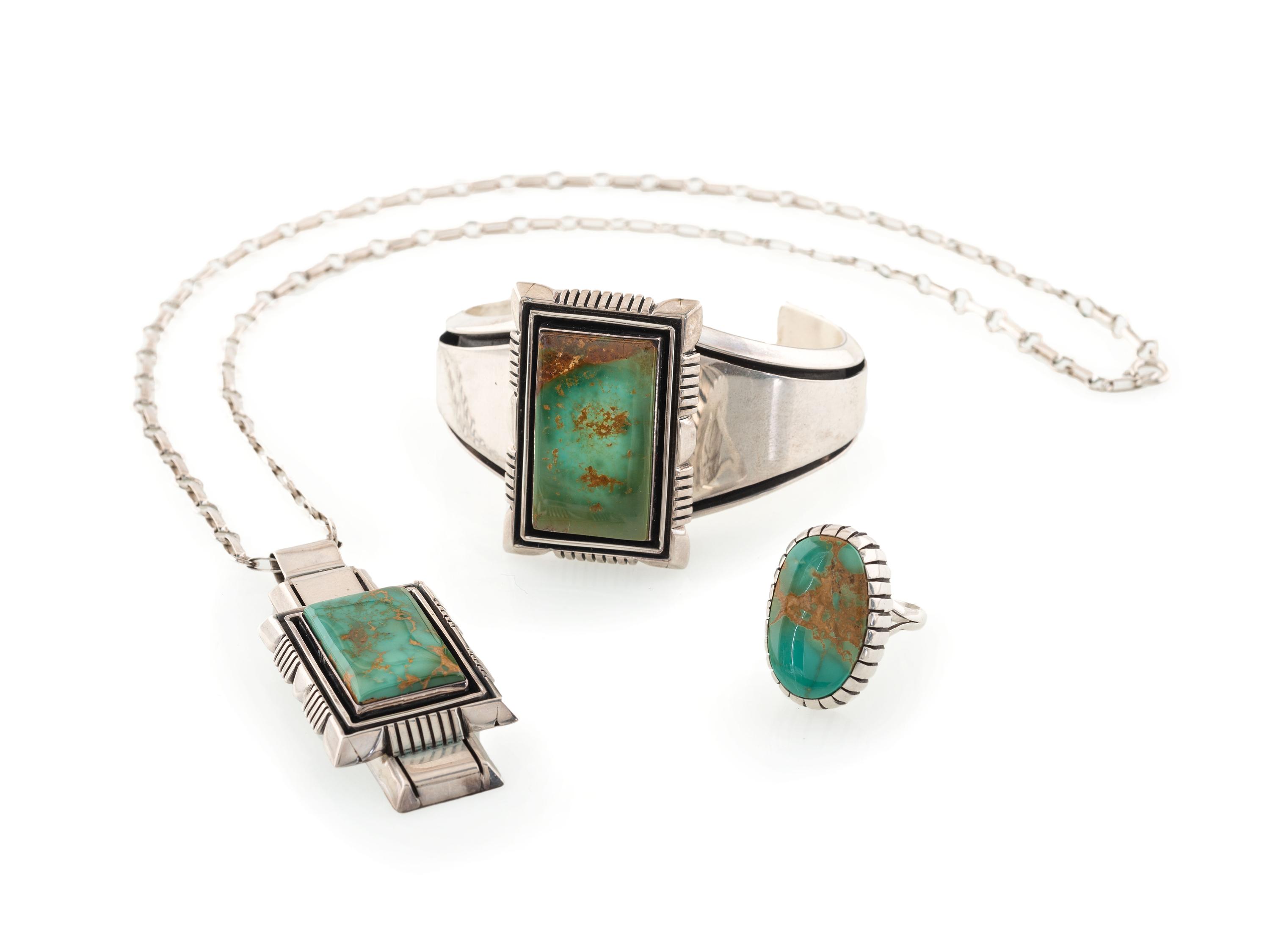 Silver and Royston Turquoise Necklace AND Cuff Bracelet Set, PLUS