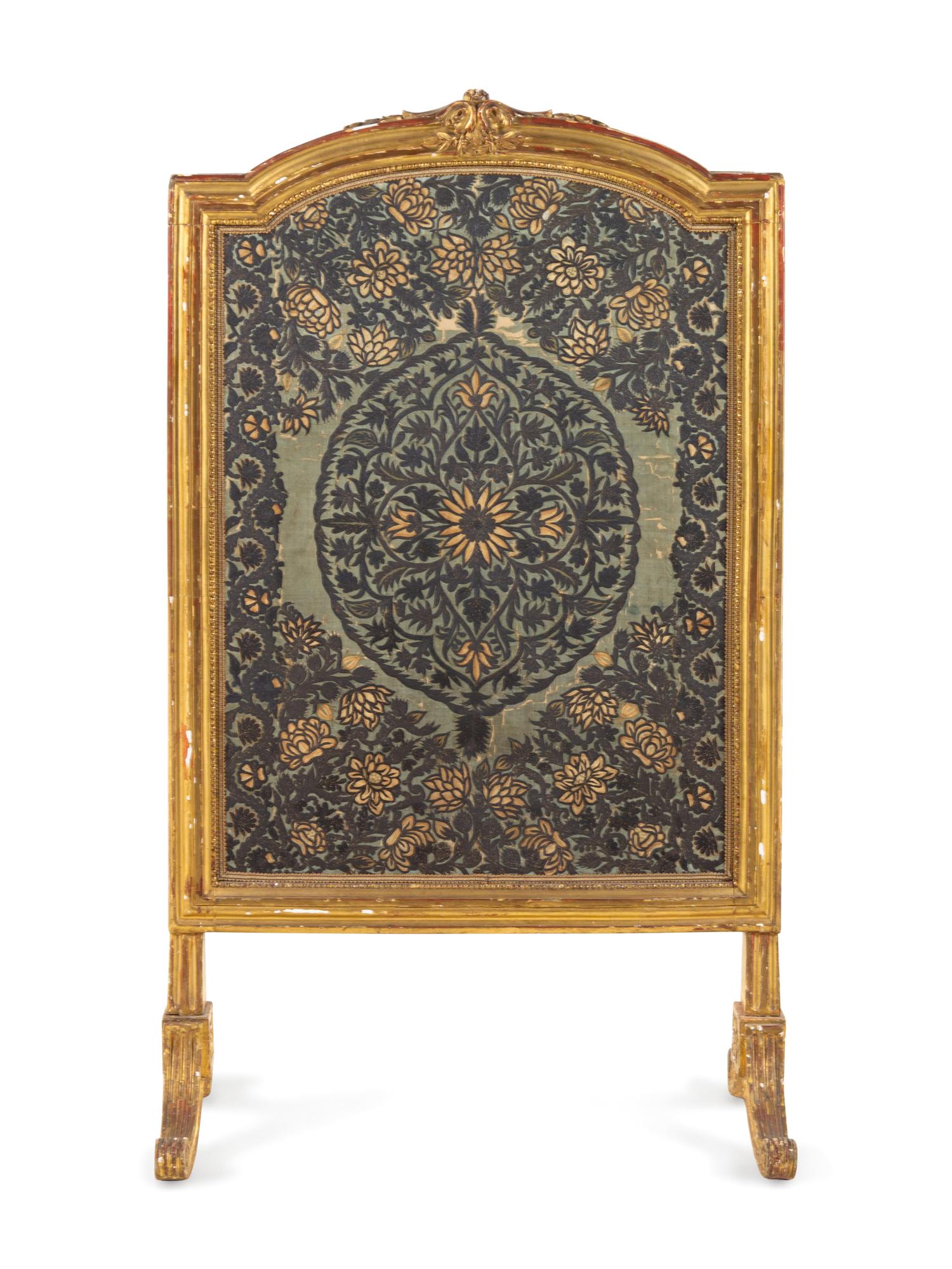 A Louis XVI Giltwood Fire Screen with a Silver-Thread Embroidered Panel