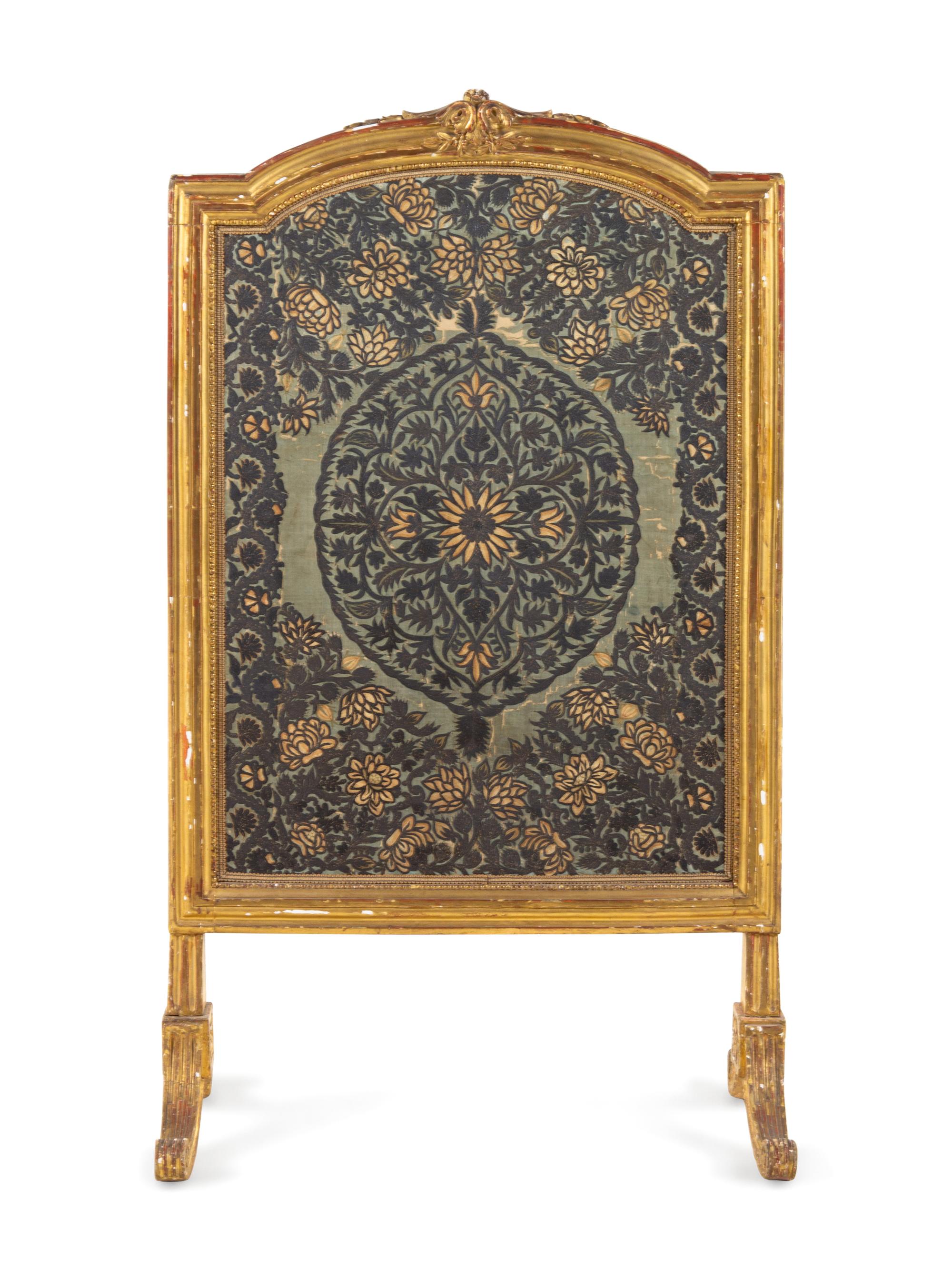 A Louis XVI Giltwood Fire Screen with a Silver-Thread Embroidered Panel