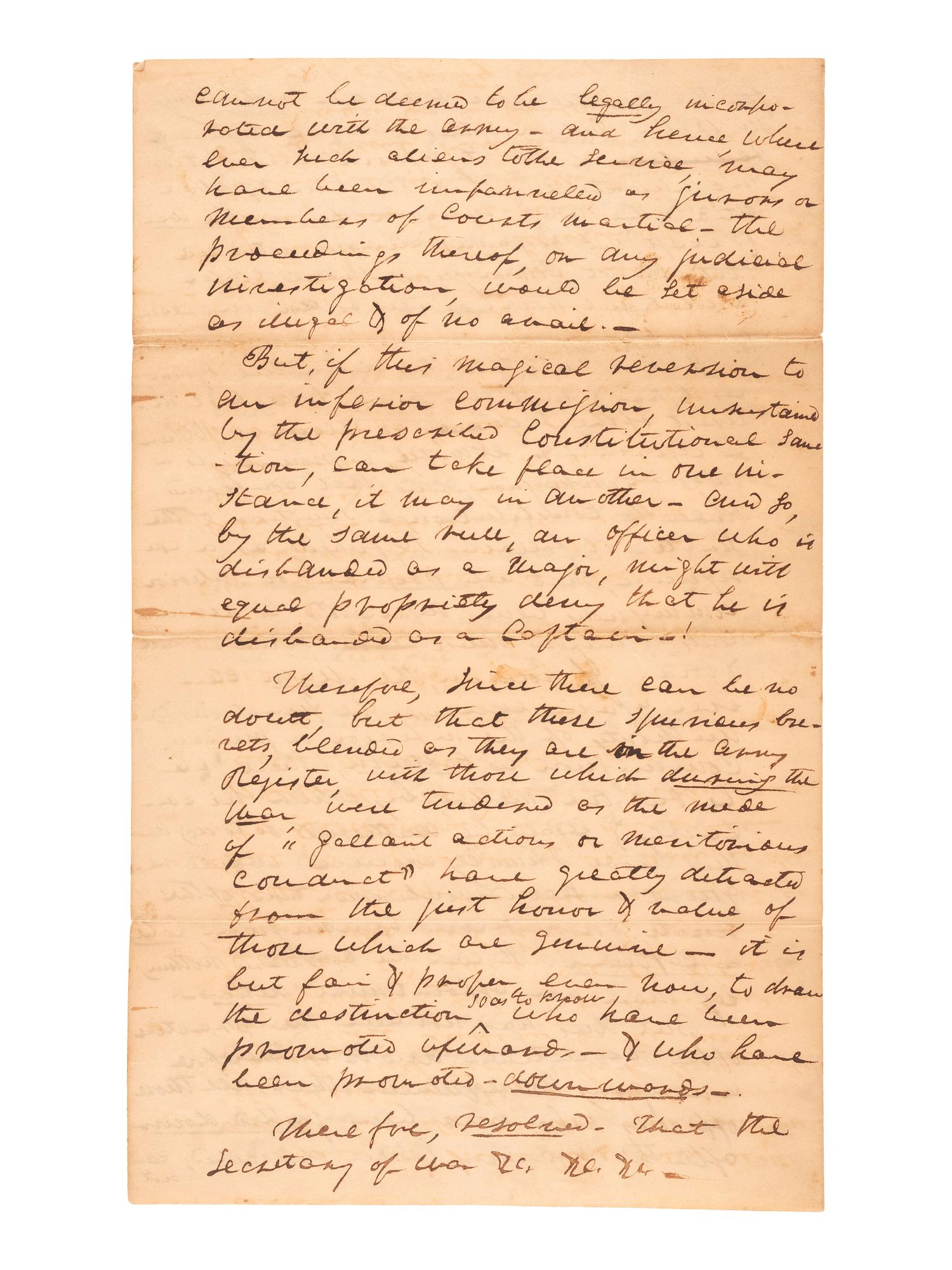 [WAR OF 1812]. JONES, Roger (1789-1852). The Nature of Brevet Commissions Briefly Considered. Autograph document signed ("R. Jones"). N.p. February 1822. Adjutant General Roger Jones decries the military's system of brevet commissions.