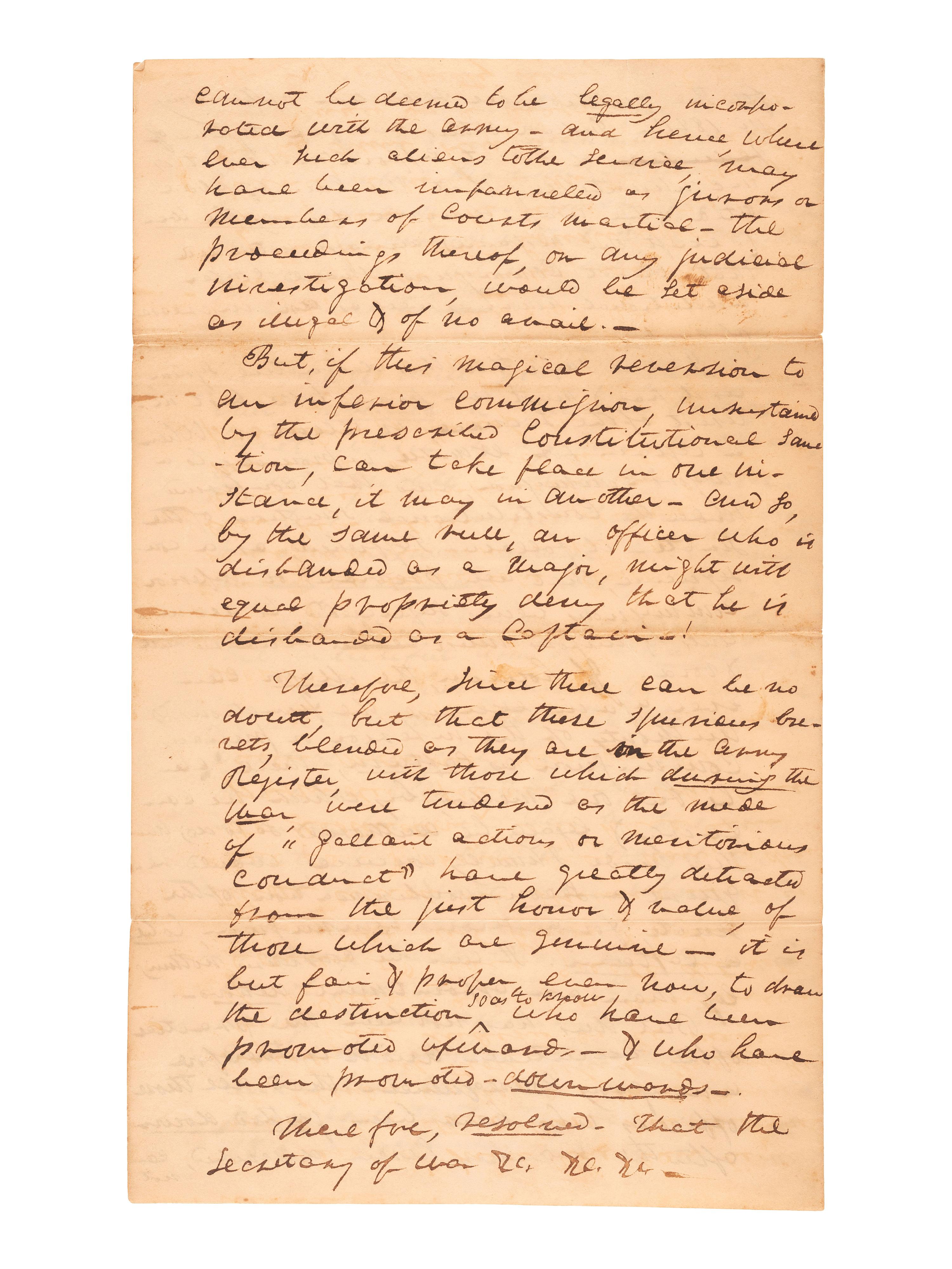 [WAR OF 1812]. JONES, Roger (1789-1852). The Nature of Brevet Commissions Briefly Considered. Autograph document signed ("R. Jones"). N.p. February 1822. Adjutant General Roger Jones decries the military's system of brevet commissions.