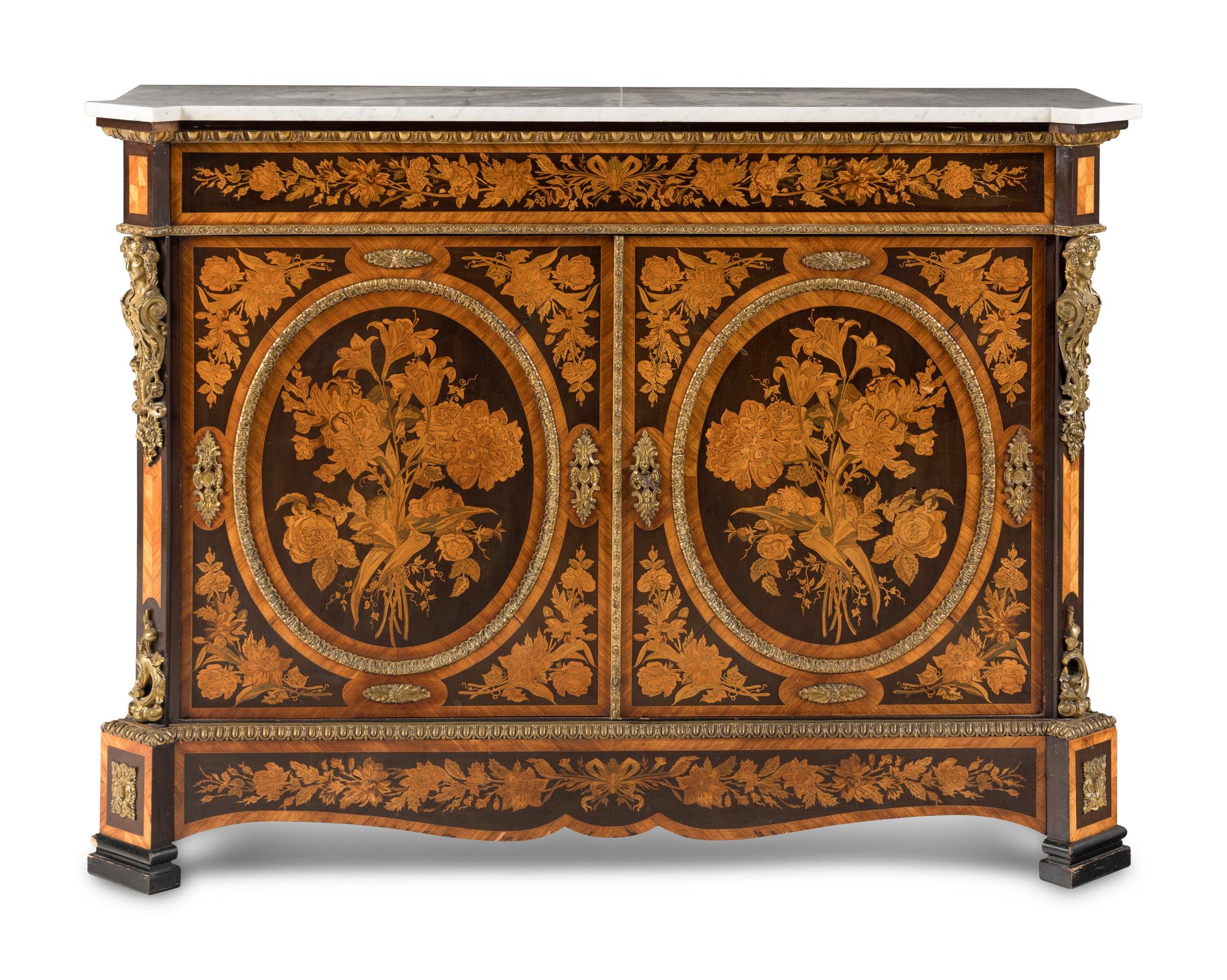 A Napoleon III Gilt Bronze Mounted Marquetry Marble-Top Meuble d'Appui