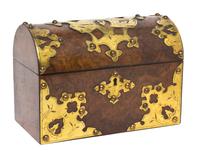 A Continental Burlwood and Gilt Metal Mounted Table Casket, Height 7 1/2 x width 9 x depth 5 inches.