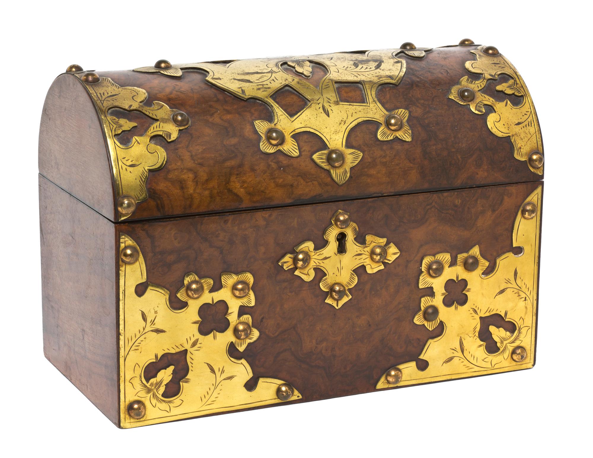 A Continental Burlwood and Gilt Metal Mounted Table Casket, Height 7 1/2 x width 9 x depth 5 inches.