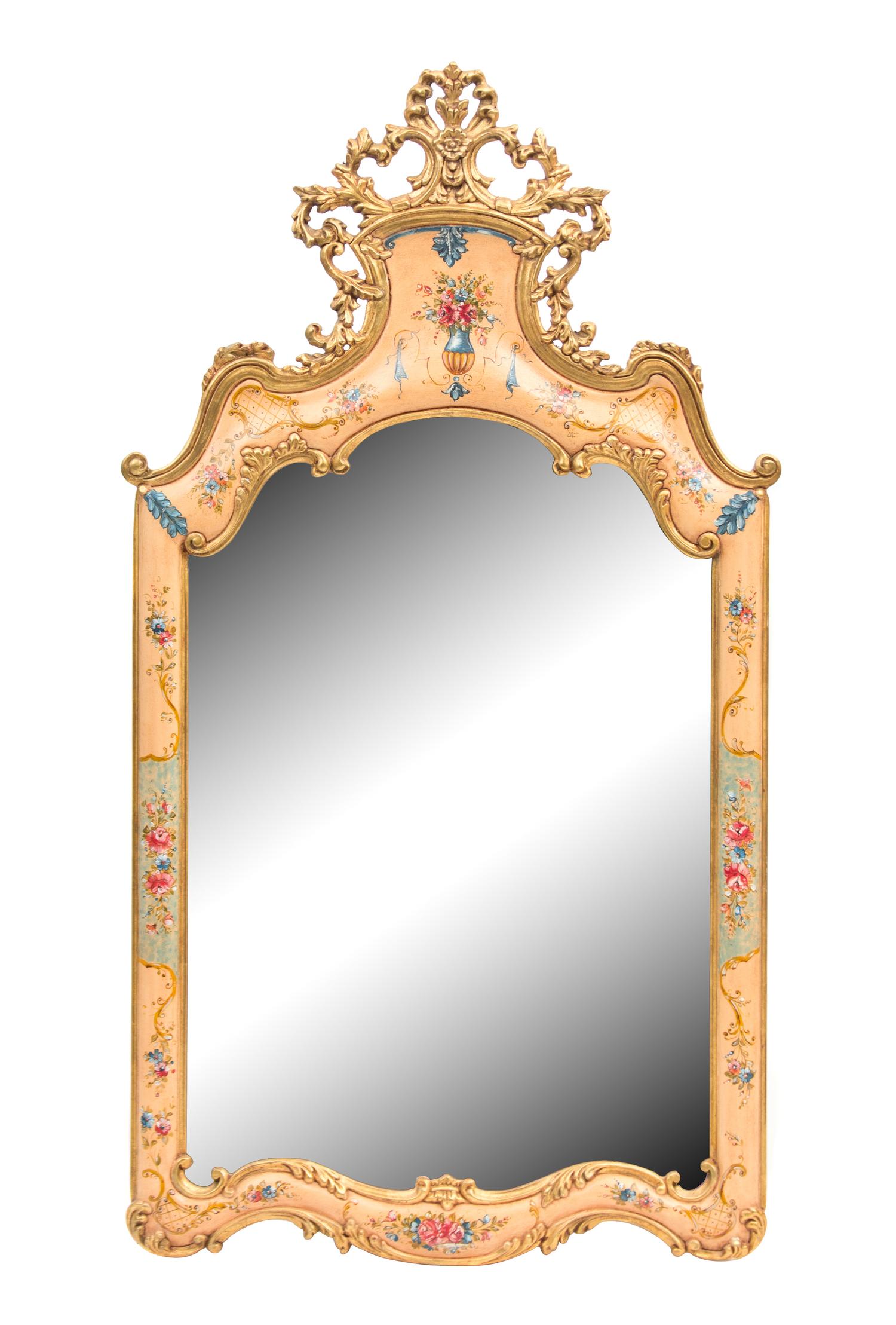A Venetian Style Painted and Parcel Gilt Mirror Height 58 x width 31 inches. — 20TH CENTURY