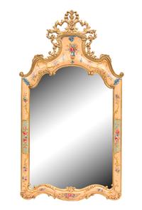 A Venetian Style Painted and Parcel Gilt Mirror Height 58 x width 31 inches. — 20TH CENTURY