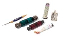 An Assembled Collection of Scent Bottles and Etuis Length of longest 6 3/8 inches.