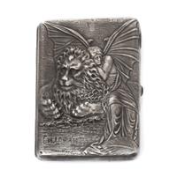 A Russian Silver Cigarette Case, Maker's mark Cyrillic BYu, Moscow, the lid worked to show a woman clinging to the back of a winged lio