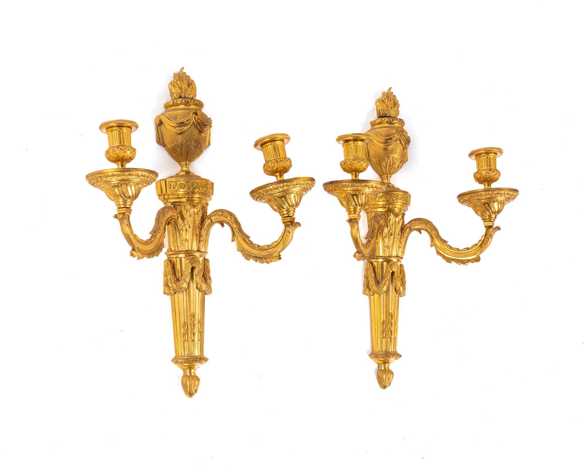 A Pair of Louis XVI Gilt Bronze Two-Light Sconces