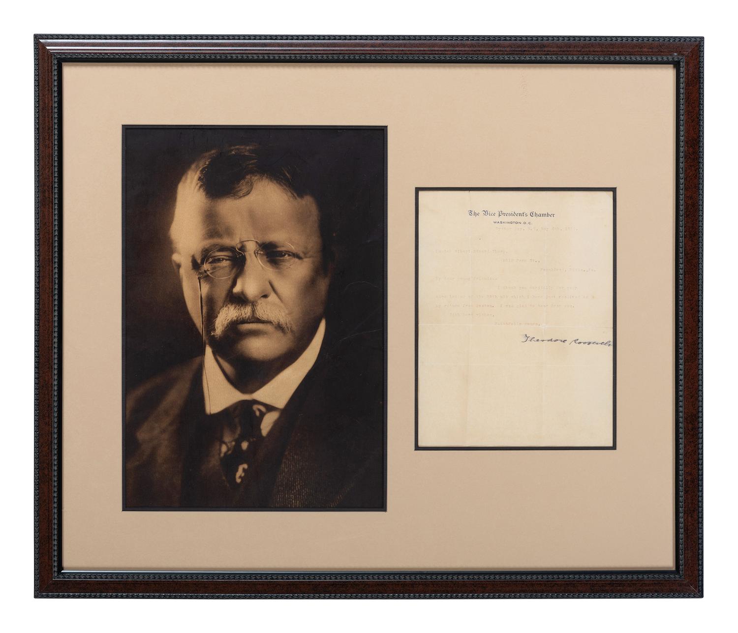 ROOSEVELT, Theodore (1858-1919). Typed letter signed ("Theodore Roosevelt"), as Vice President. Oyster Bay, NY, 5 May 1901.