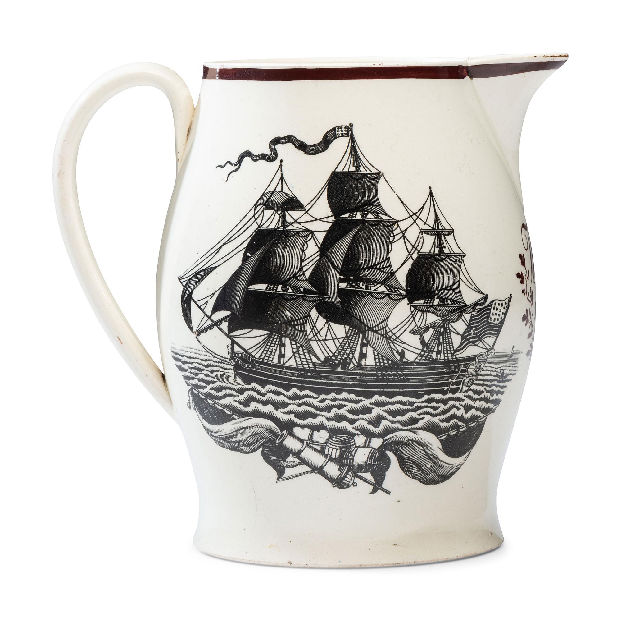 A Liverpool Creamware 'Farmer's Arms' Portrait Pitcher
