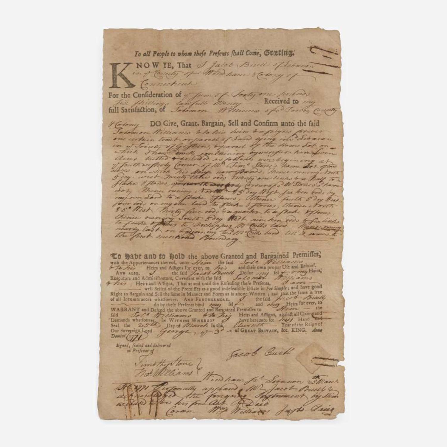[Declaration of Independence] [Connecticut] Williams, William Partially-Printed Document, signed