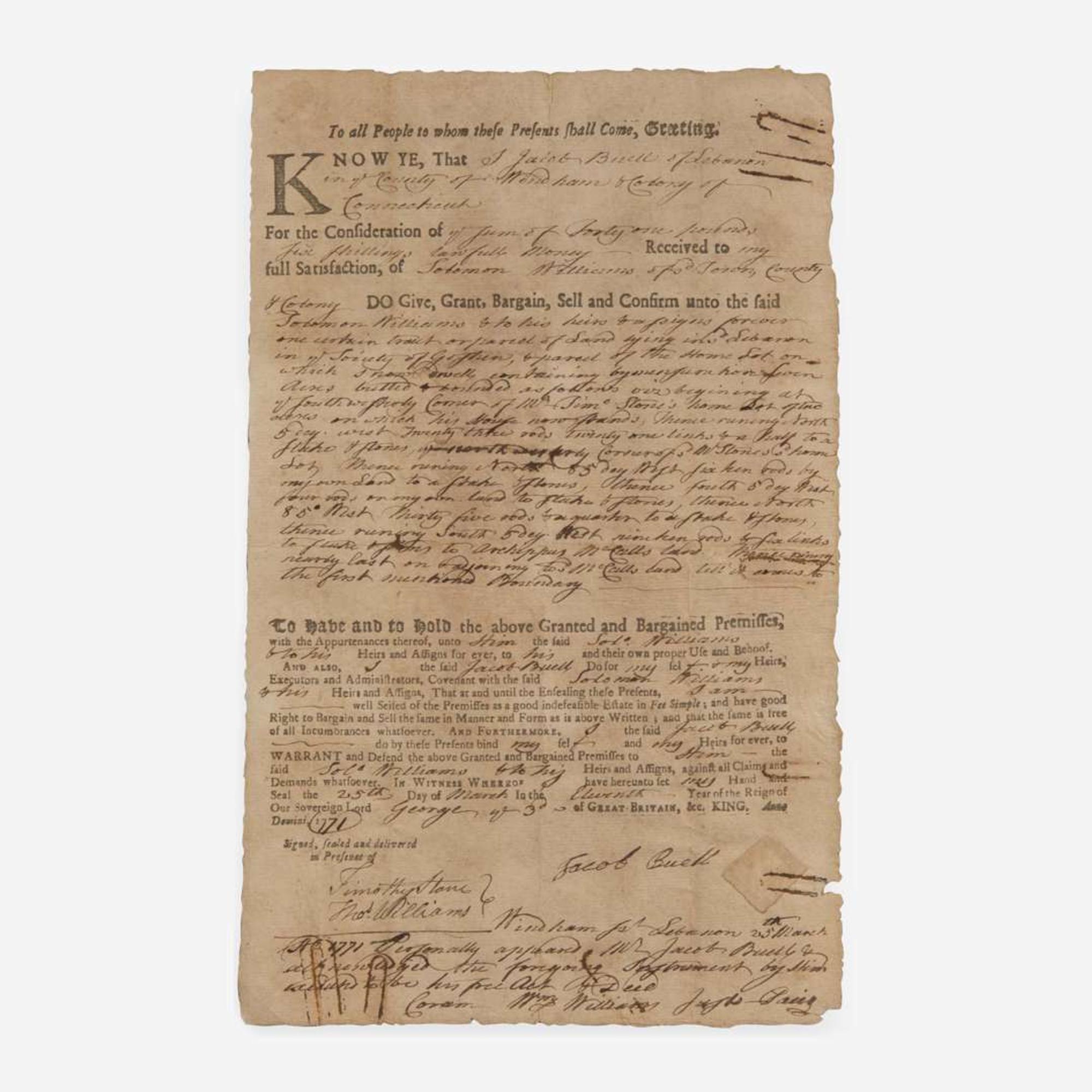 [Declaration of Independence] [Connecticut] Williams, William Partially-Printed Document, signed
