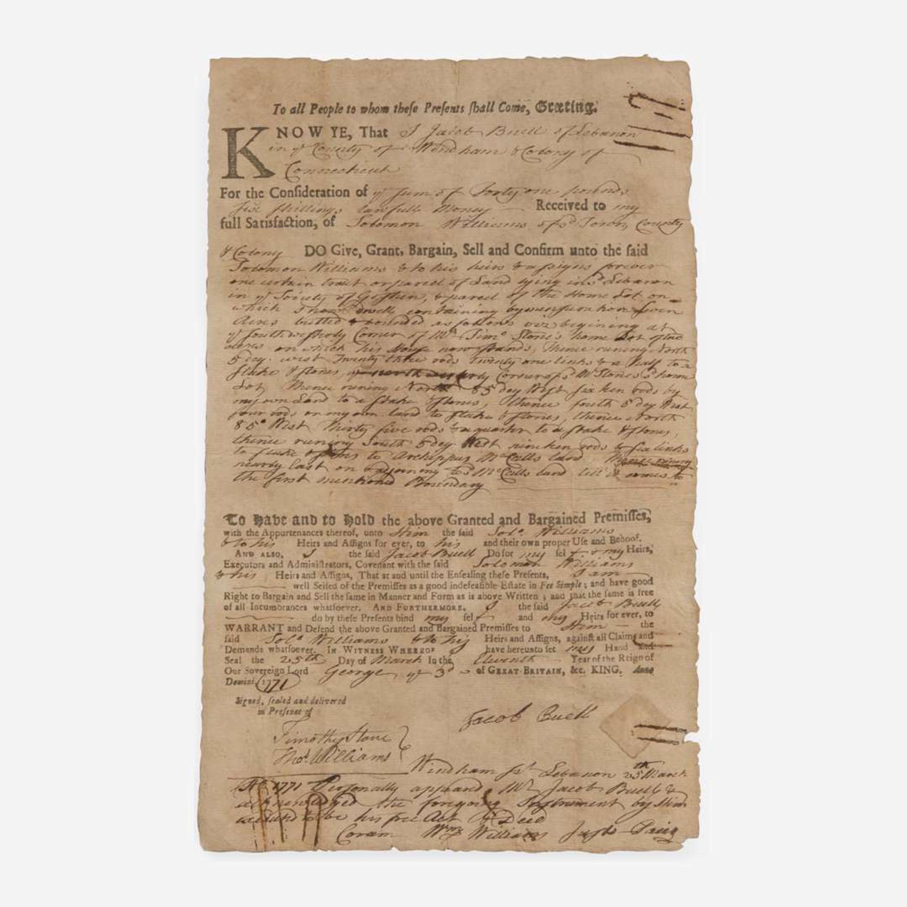 [Declaration of Independence] [Connecticut] Williams, William Partially-Printed Document, signed