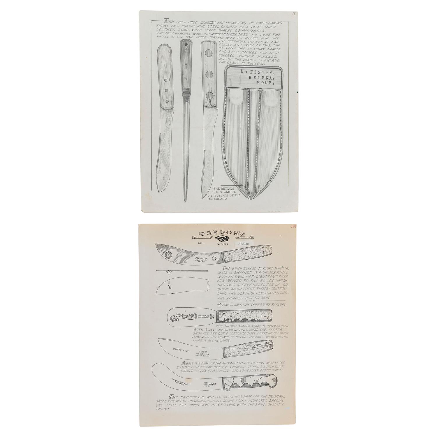 Rare MH Cole Skinning Knife Book Archive with Two Knives, MH Cole Scabbards and Original Publication Illustrations and More