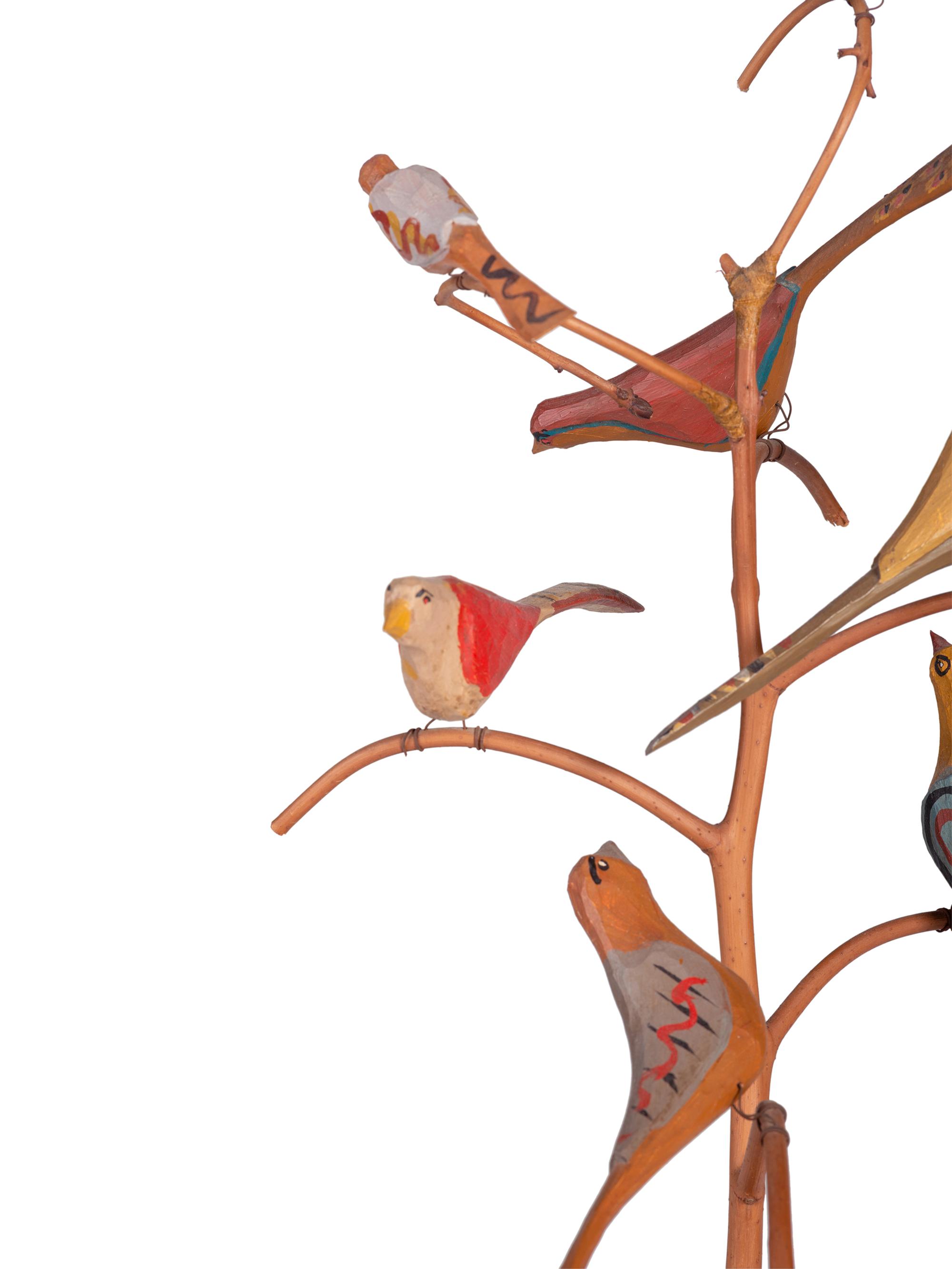 Five Carved and Painted Wood Folk Art Bird Trees
