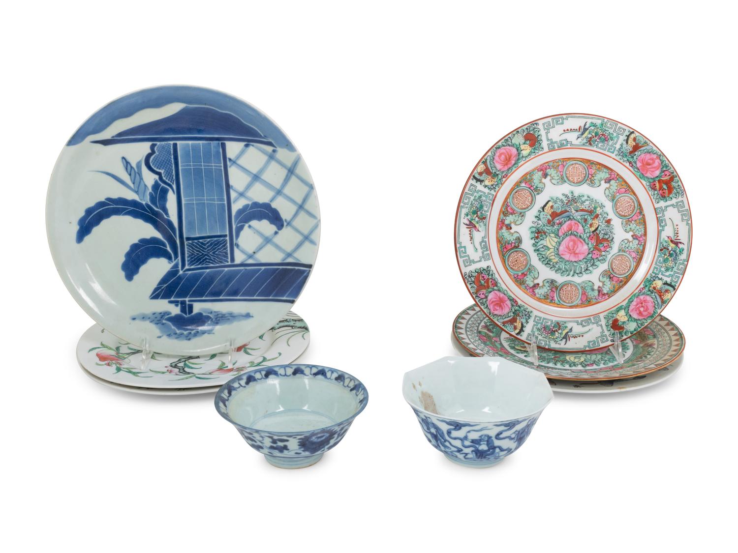 Six Chinese Export Porcelain Plates and Two Blue and White Bowls
