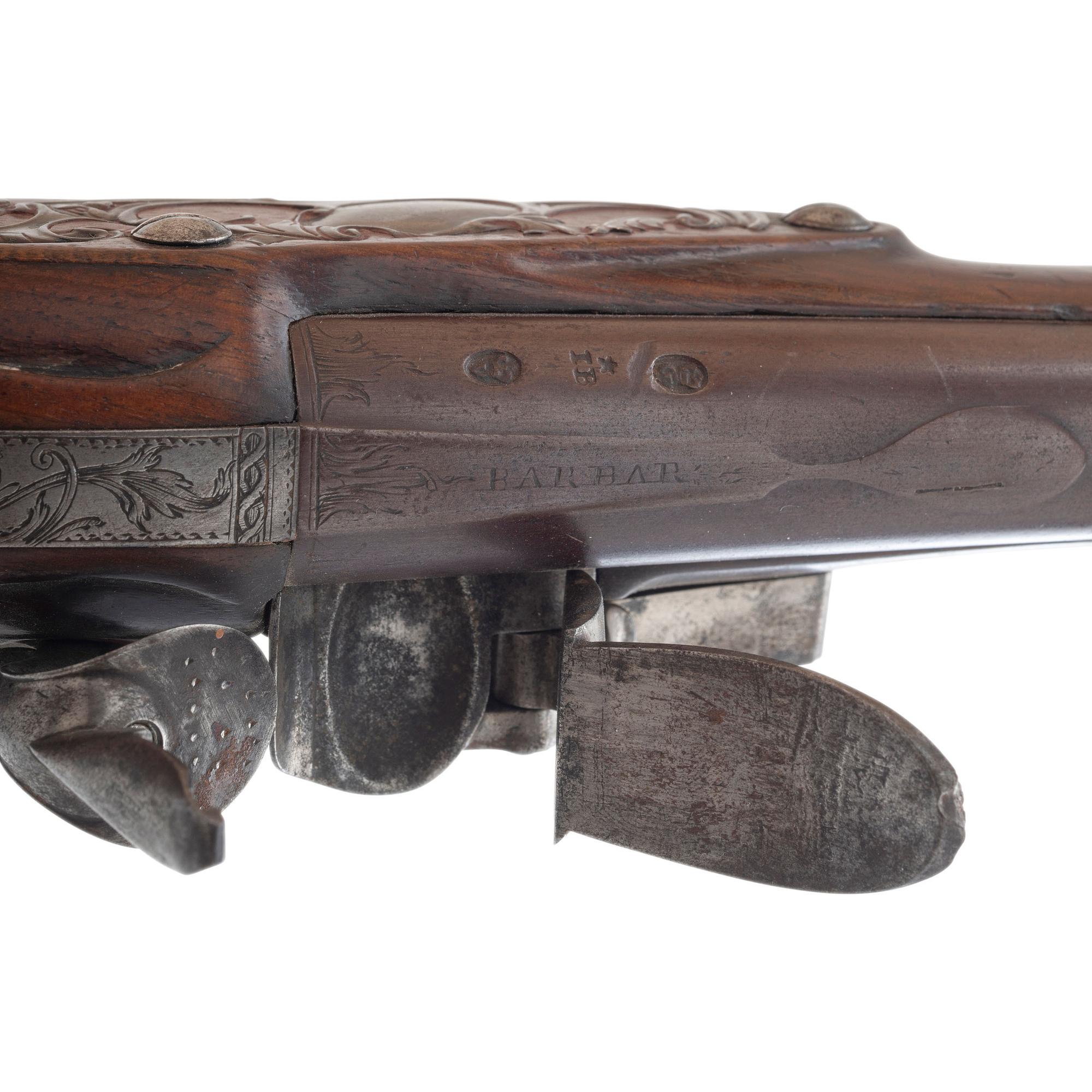Pair of Silver Mounted English Flintlock Holster Pistols by Barbar