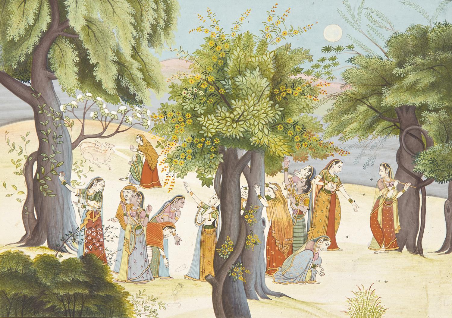 A Painting of The Gopis Search for Krisha in a Moonlit Forest, Pahari (Himalayan foothill) Idiom, Probably Himachal Pradesh, India, 20th Century