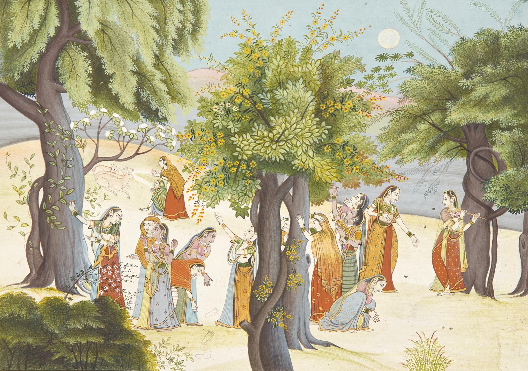 A Painting of The Gopis Search for Krisha in a Moonlit Forest, Pahari (Himalayan foothill) Idiom, Probably Himachal Pradesh, India, 20th Century