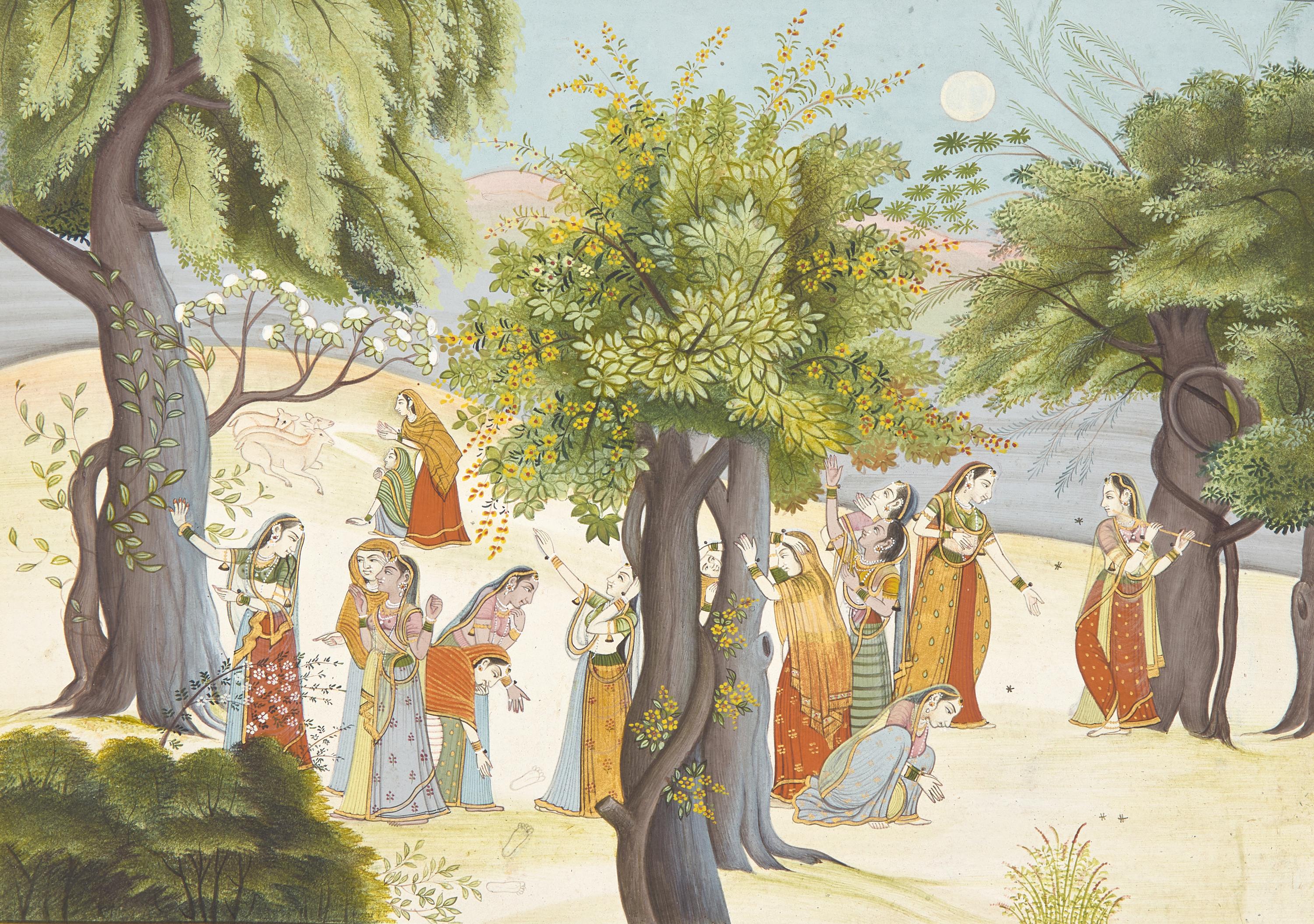 A Painting of The Gopis Search for Krisha in a Moonlit Forest, Pahari (Himalayan foothill) Idiom, Probably Himachal Pradesh, India, 20th Century