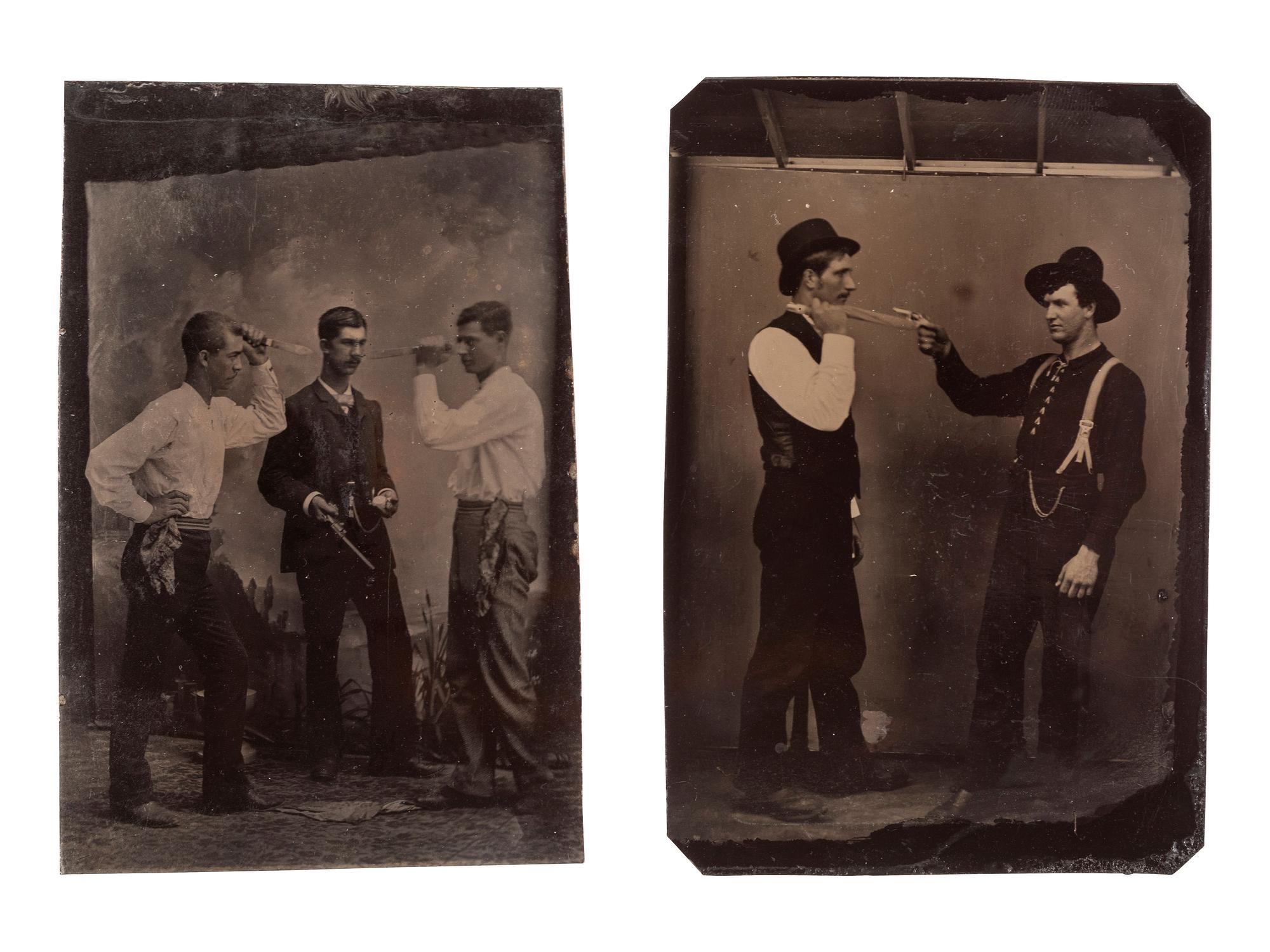 [EARLY PHOTOGRAPHY - TINTYPE]. A group of 4 tintype portraits of civilians with weapons, including: