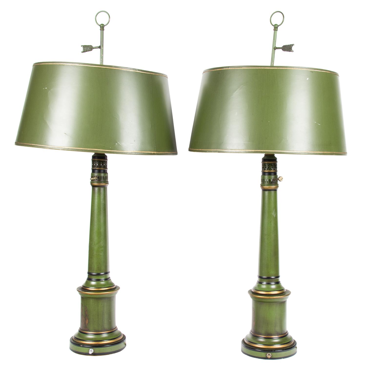A Pair of Green and Gilt Decorated Table Lamps Height overall 39 1/2 inches. — 20TH CENTURY