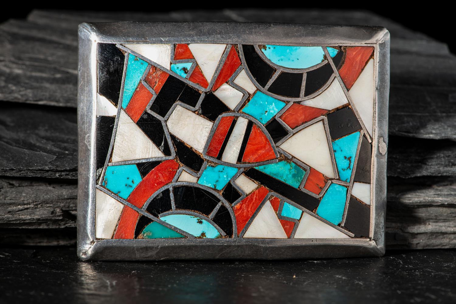 C.G. Wallace Era Zuni Silver and Channel Inlay Belt Buckle