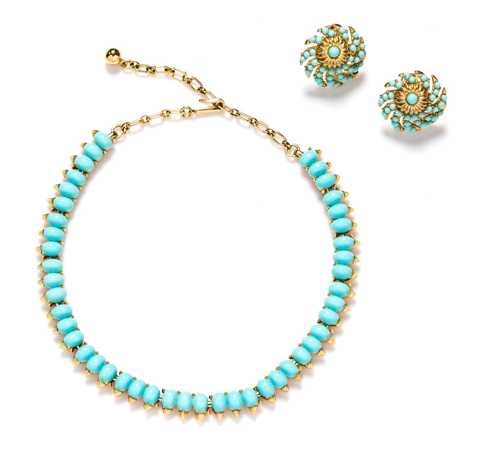 A Trifari Goldtone Aqua Beaded Demi Parure,