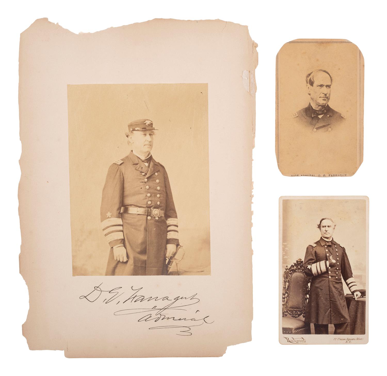 [CIVIL WAR] 3 photographs of D.G. Farragut with Harper's Weekly issues related to the famed admiral.