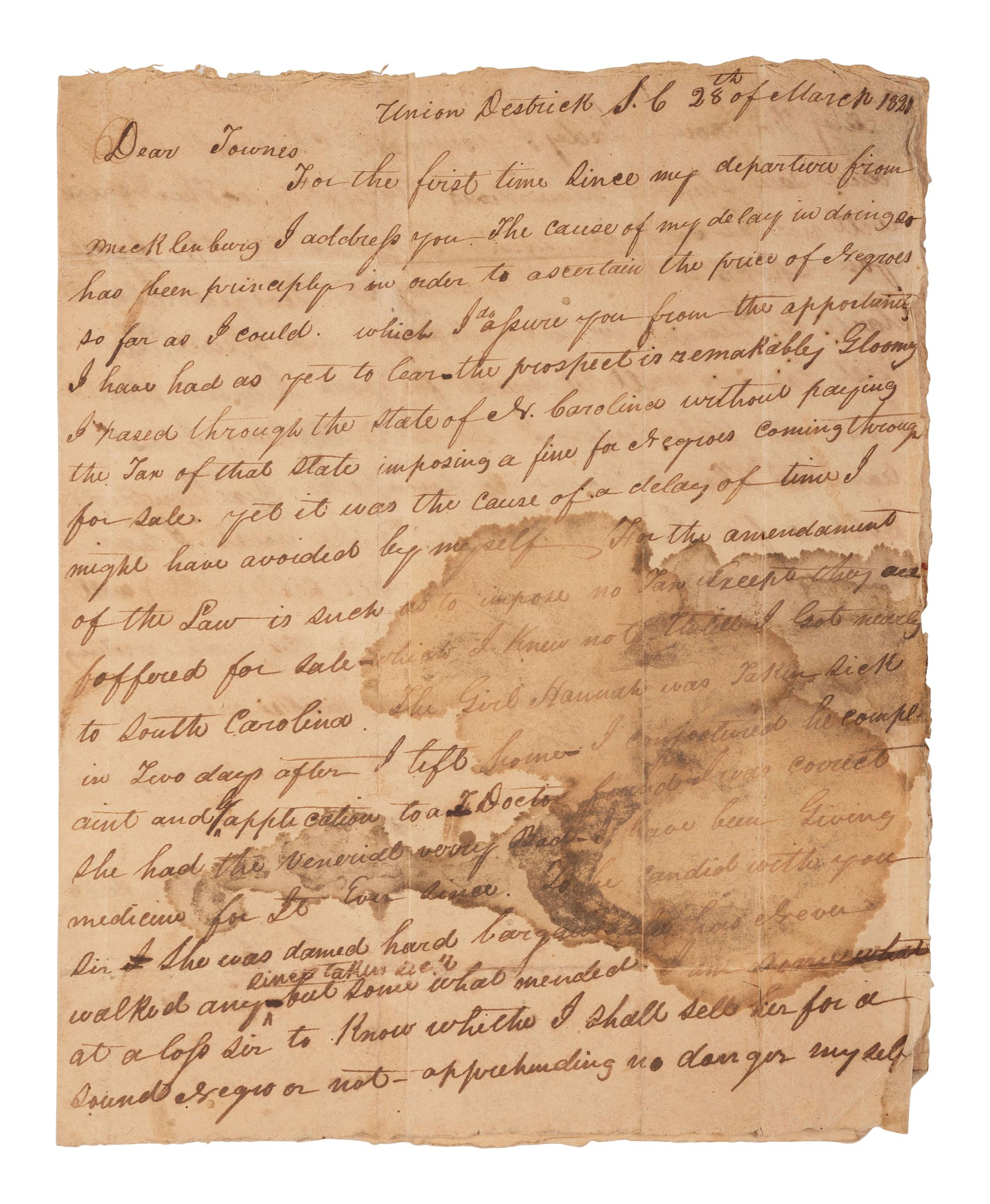 [ENSLAVEMENT & ABOLITION]. Letter from a southern slave trader describing the transportation of enslaved persons from Virginia to auction markets in the Deep South, 1820.
