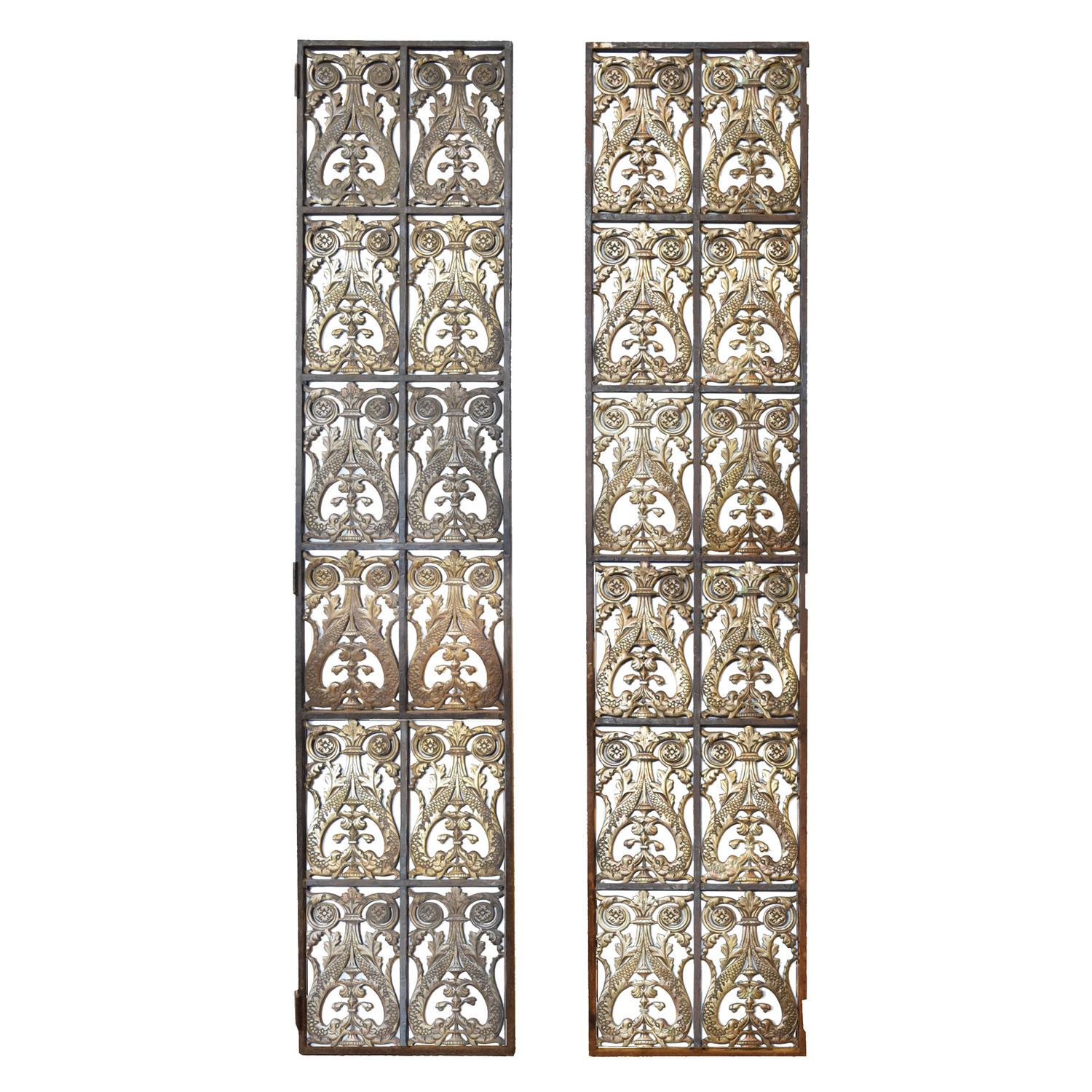 A Pair of Bronze and Iron Elevator Doors from the Hyde Park Bank, Chicago, IL. 15.25" W x .75" D x 74" H — United States, Circa 1928