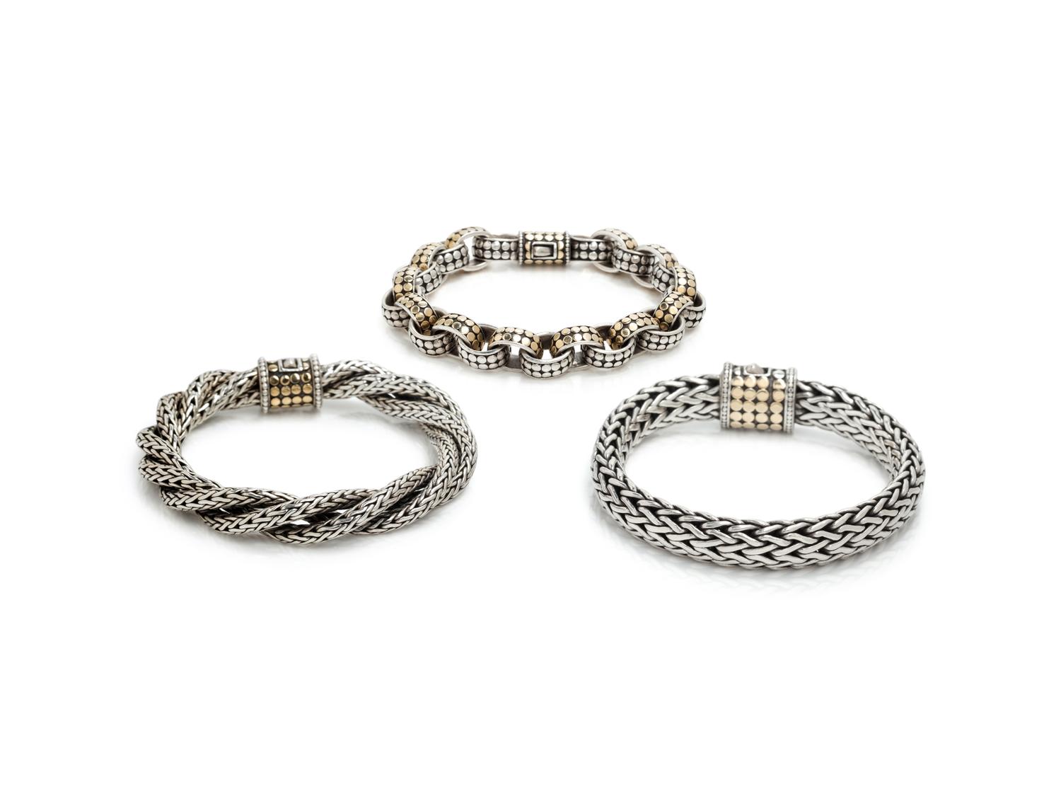 COLLECTION OF JOHN HARDY, STERLING SILVER AND YELLOW GOLD BRACELETS