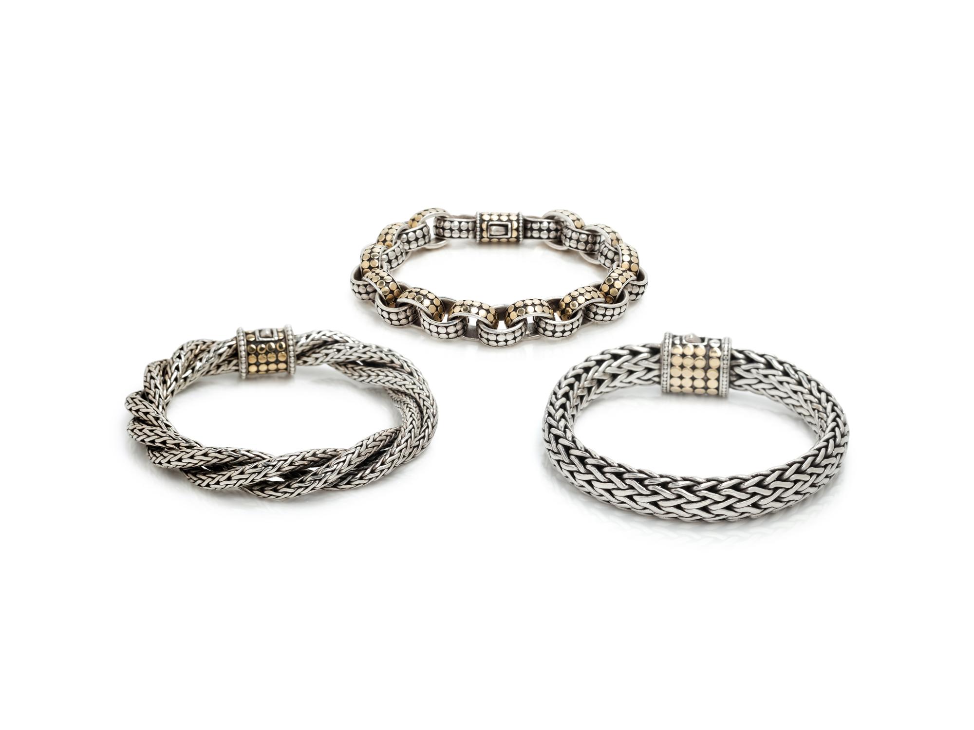 COLLECTION OF JOHN HARDY, STERLING SILVER AND YELLOW GOLD BRACELETS