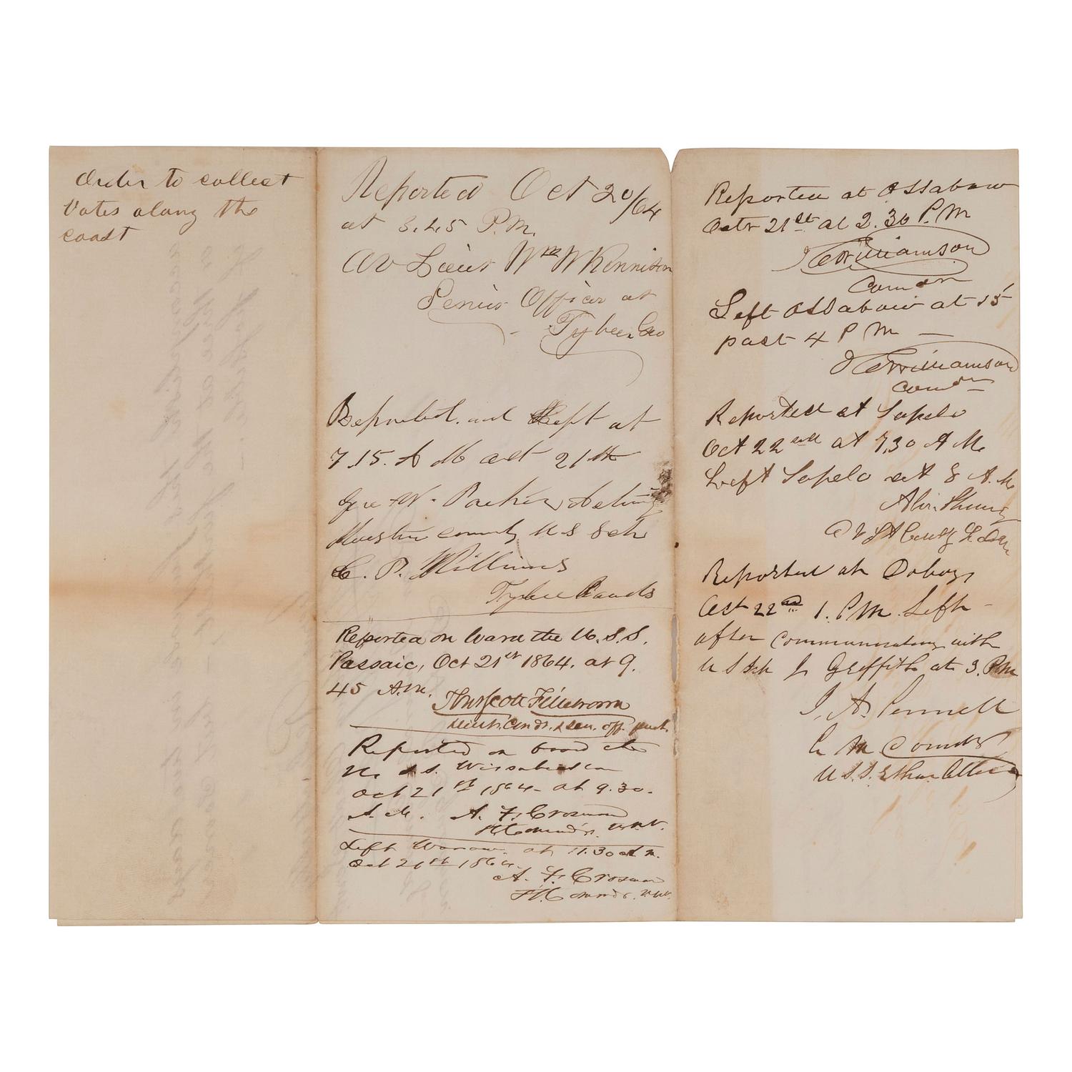 [CIVIL WAR] - [1864 ELECTION]. A group of 3 documents related to the Atlantic Squadron and voting in the 1864 Presidential election, comprising: