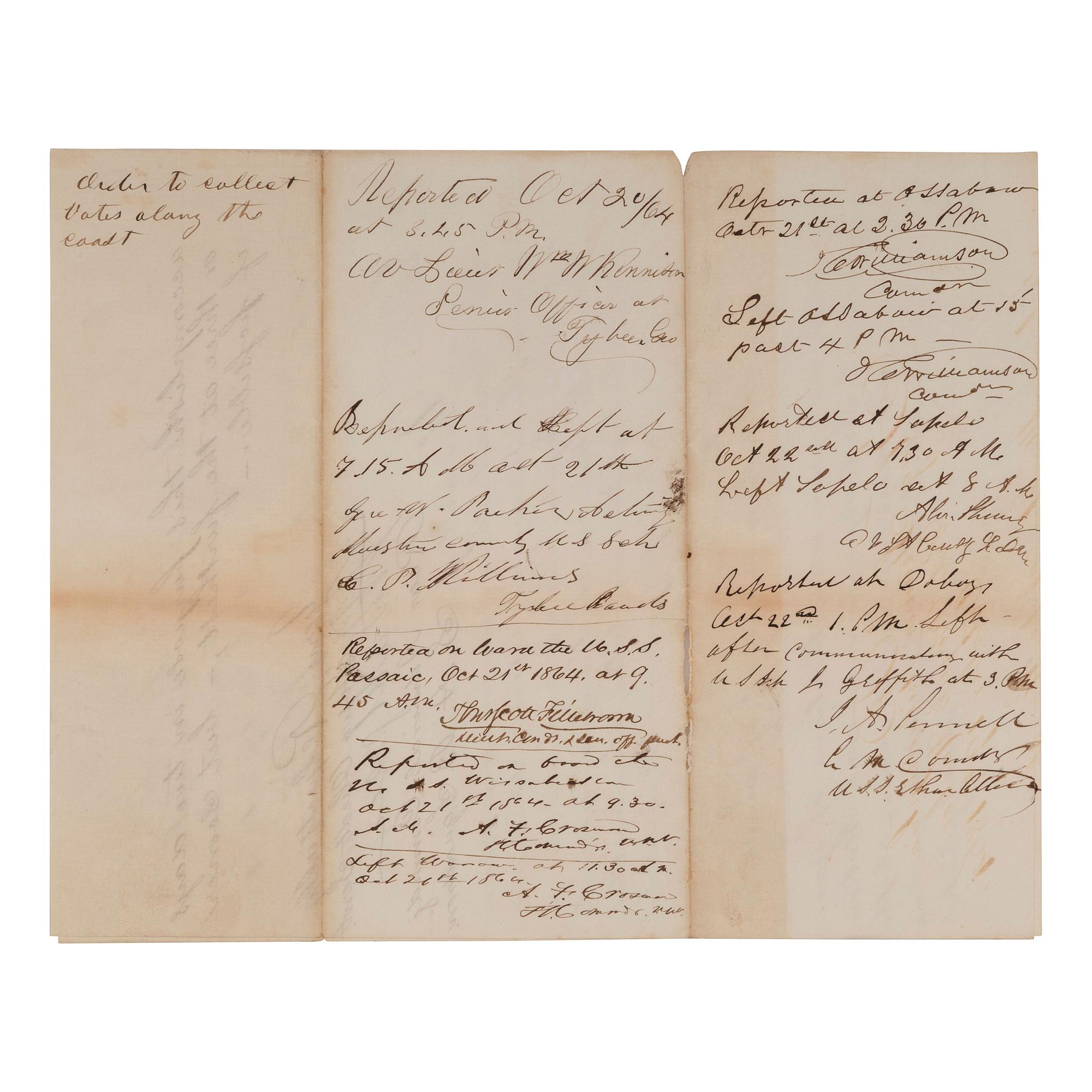 [CIVIL WAR] - [1864 ELECTION]. A group of 3 documents related to the Atlantic Squadron and voting in the 1864 Presidential election, comprising: