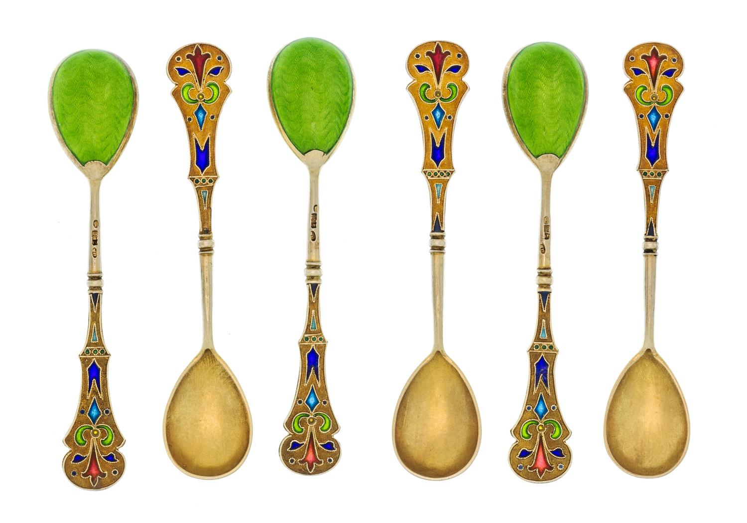 A Set of Six Russian Silver-Gilt Guilloche and Plique-a-Jour Enamel Demitasse Spoons, Mark of 11th Artel, Moscow, early 20th century, e