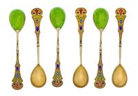 A Set of Six Russian Silver-Gilt Guilloche and Plique-a-Jour Enamel Demitasse Spoons, Mark of 11th Artel, Moscow, early 20th century, e