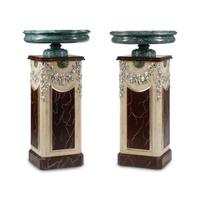 A Pair of Italian Green Marble Tazze with Carved and Polychrome Painted Pedestals