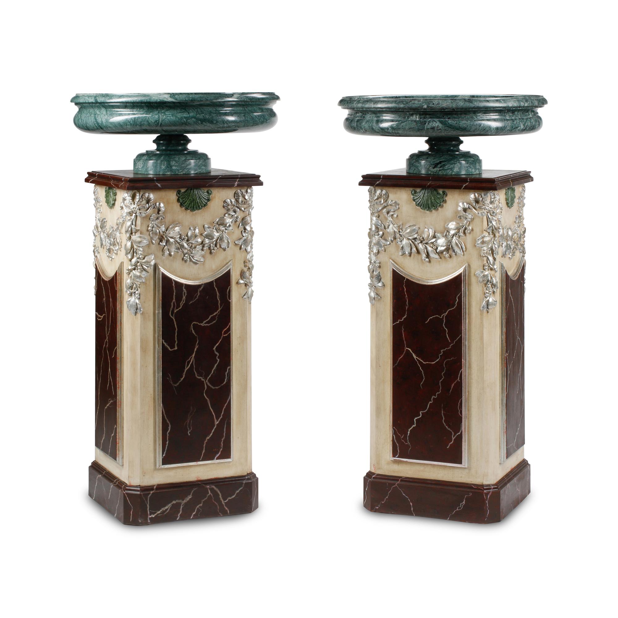 A Pair of Italian Green Marble Tazze with Carved and Polychrome Painted Pedestals