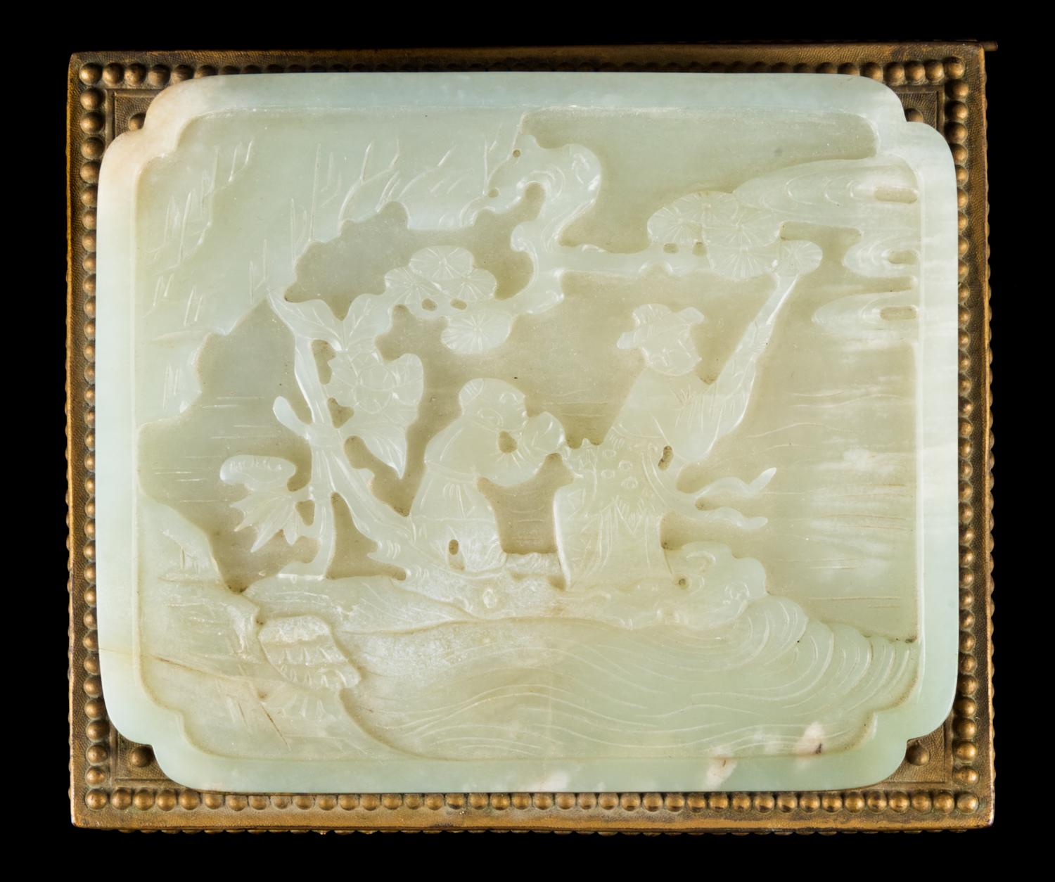 A Celadon Jade Inset Brass Box Length 5 5/8 inches. — JADE: 19TH CENTURY
