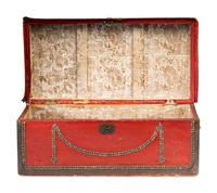 A China Trade Camphorwood Red Leather Clad and Brass Tack-Decorated Trunk