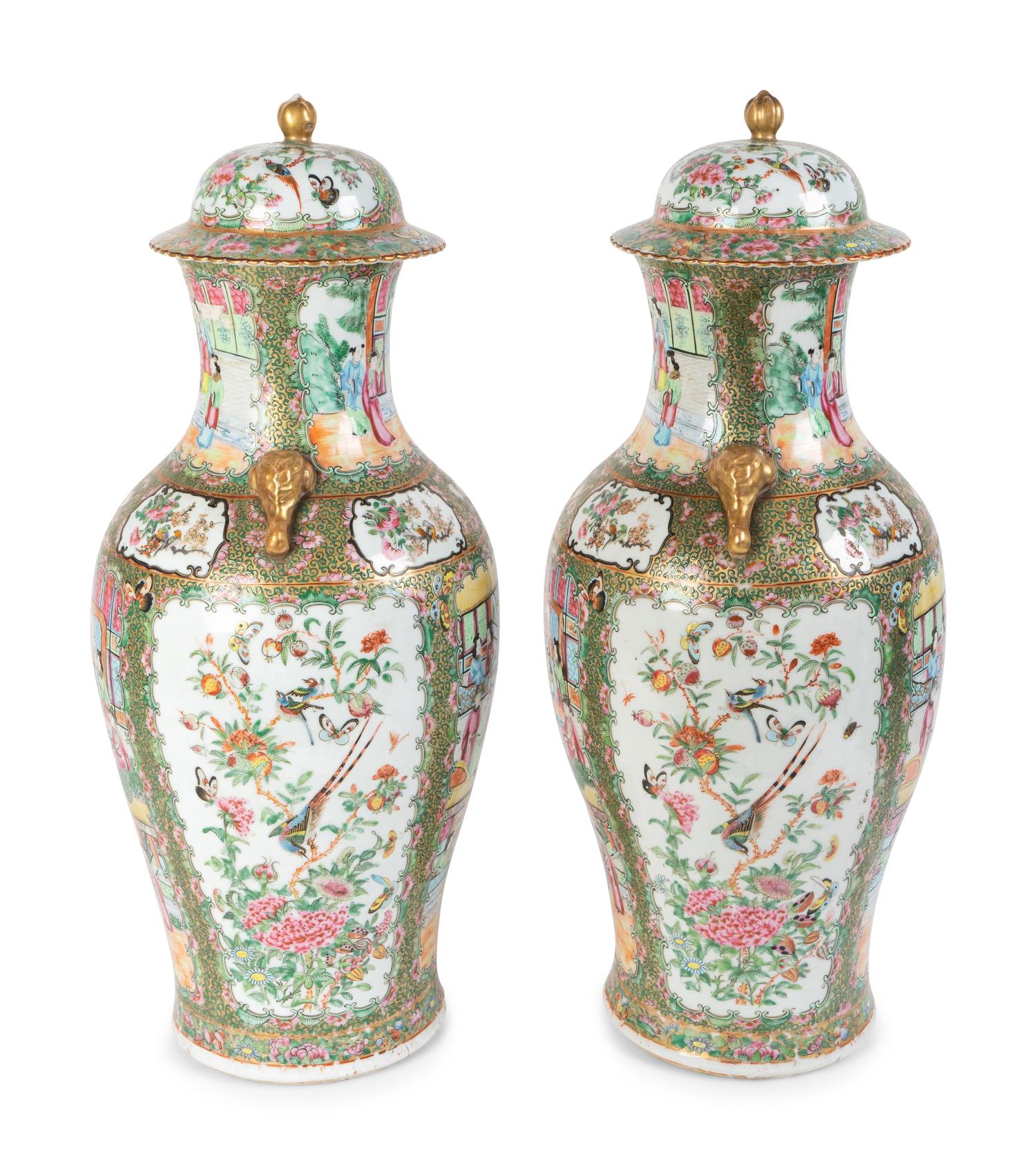 A Pair of Chinese Export Porcelain Rose Canton Covered Jars — 19TH CENTURY