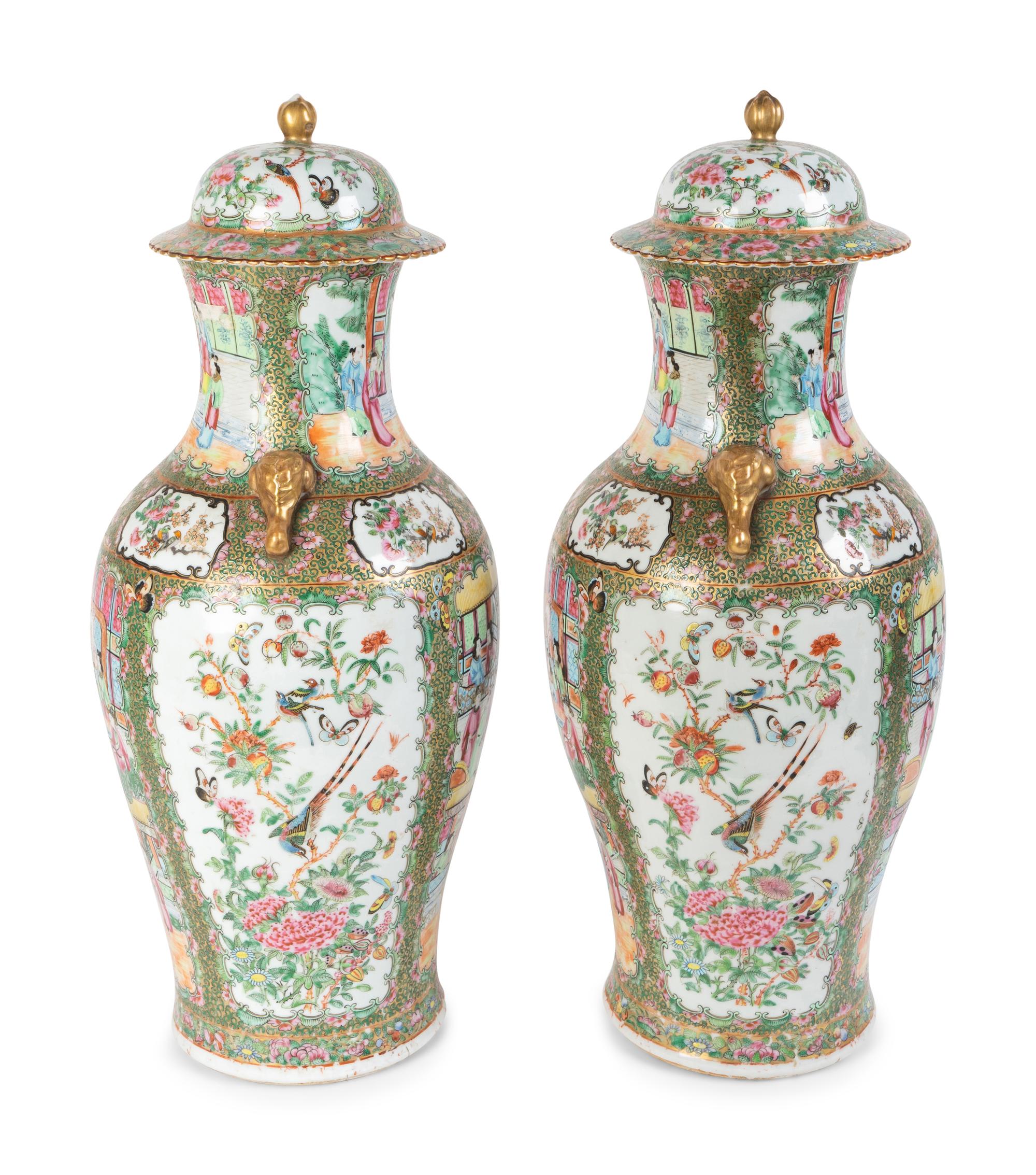 A Pair of Chinese Export Porcelain Rose Canton Covered Jars — 19TH CENTURY