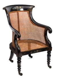 A Late Regency Black and Gilt Japanned Mahogany Library Armchair Height 35 1/2 inches. — 19TH CENTURY